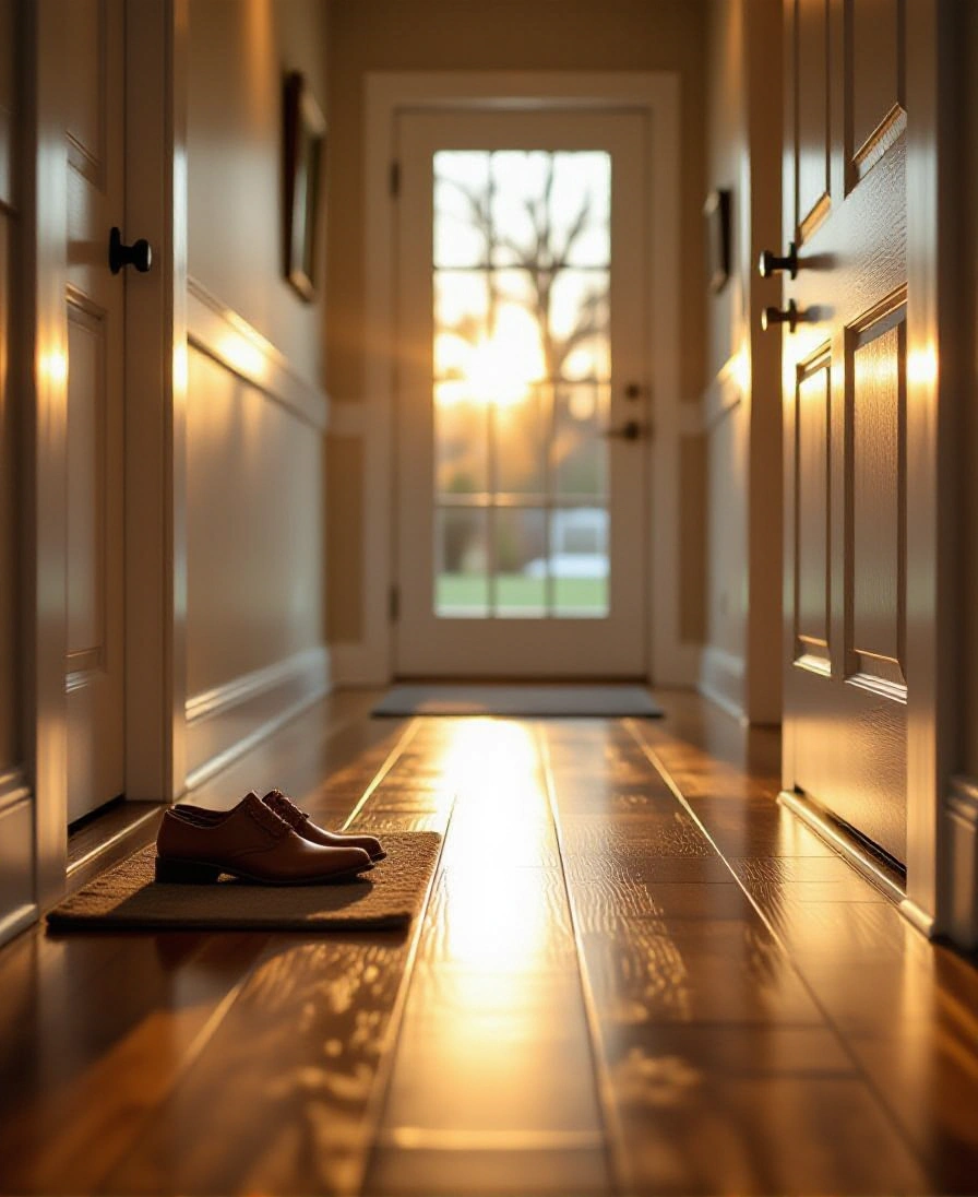 Hickory-look laminate running down an entry hall toward the front door