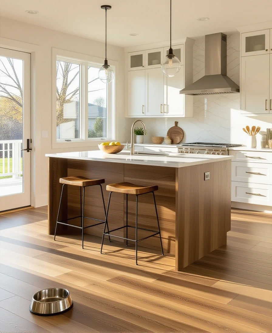 Wood-look vinyl plank floor around a kitchen island with bar stools