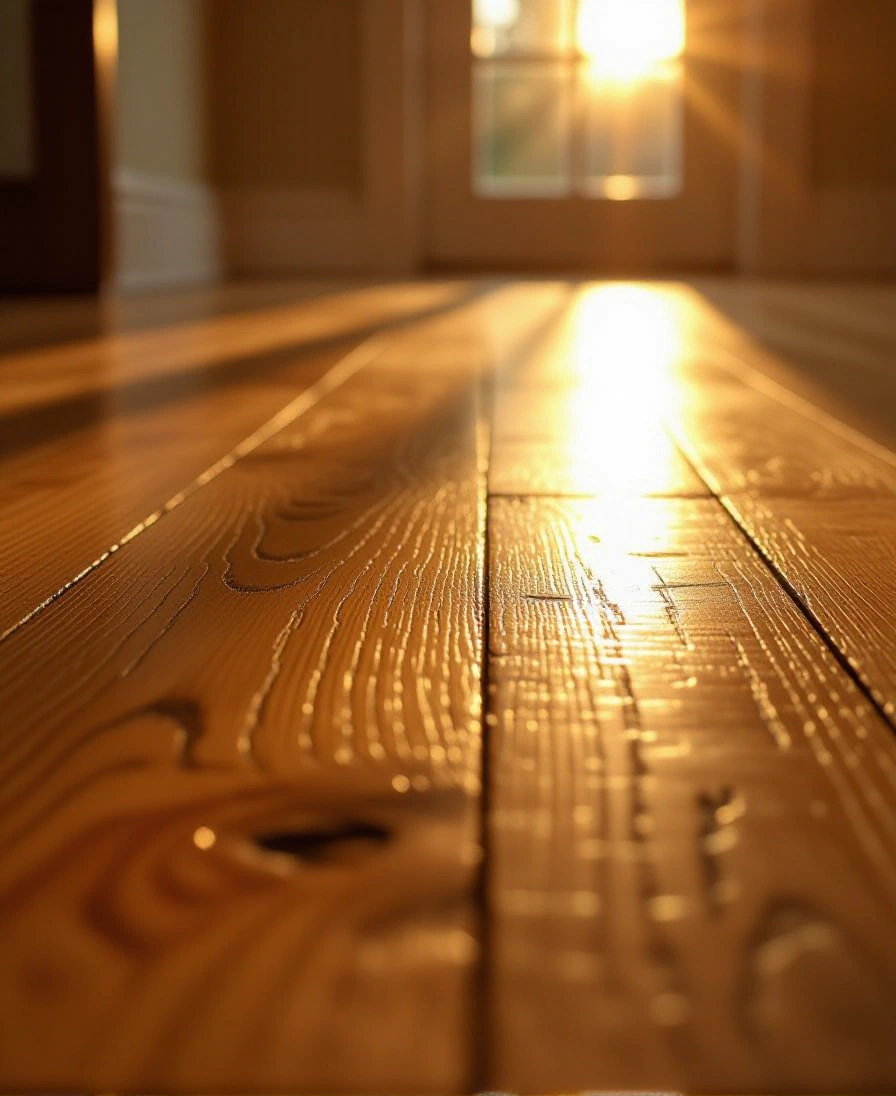 Close view of oak floor boards with late light across the grain