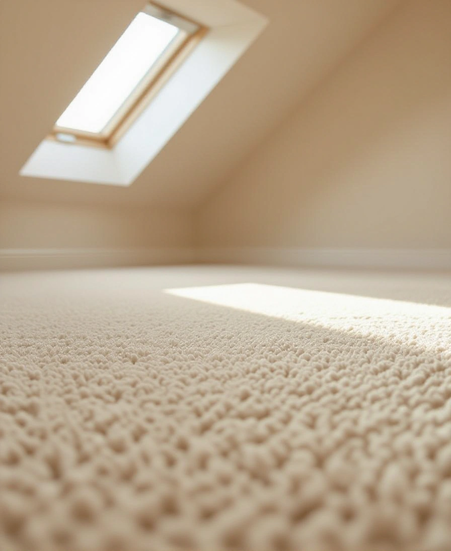 Beige plush carpet in an upstairs bonus room under a sloped ceiling