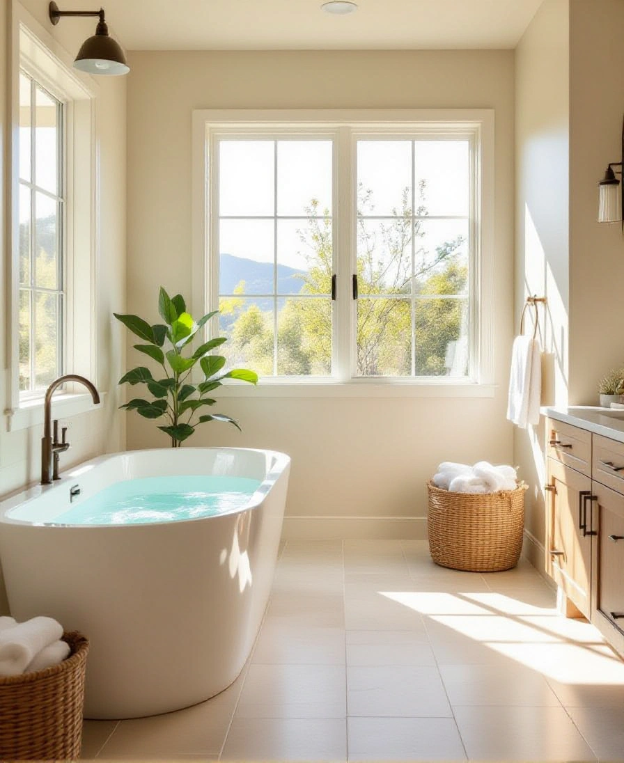 Large matte porcelain tiles on a bathroom floor beside a freestanding tub
